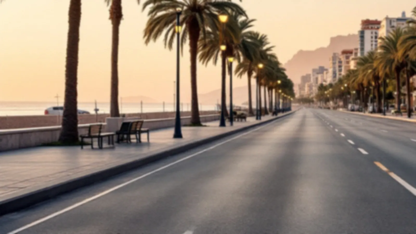 An empty seaside boulevard with palm trees and a soft peach sunrise over the water, the SedanWallet view of cash advance online, $100 – $5,000